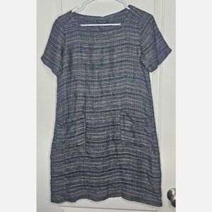 Eileen Fisher Linen Dress PP (0-2) Petite Navy Striped Pockets